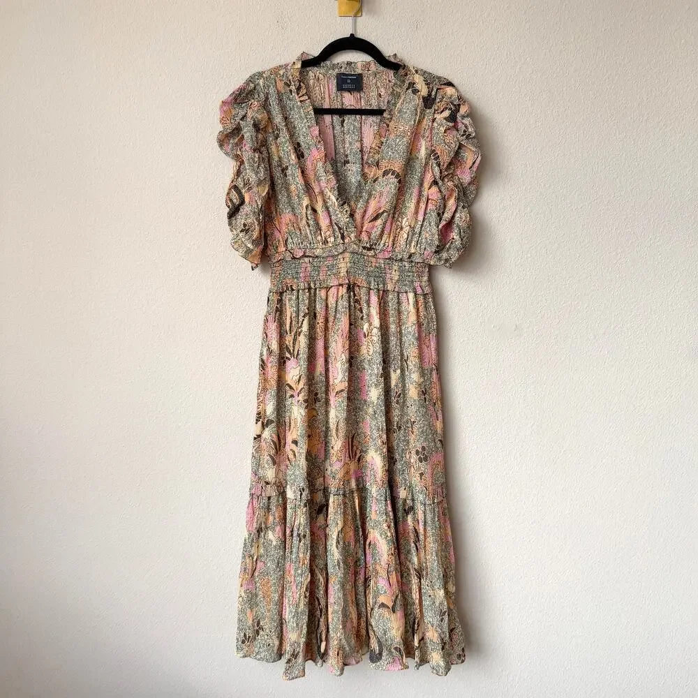 Ulla Johnson Paisley Metallic Silk Blend Midi Dress Size 6 - Picture 2 of 6